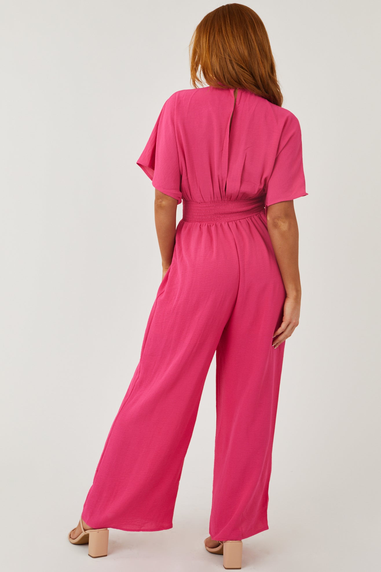 Hot Pink Plunging Neck Kimono Sleeve Woven Jumpsuit
