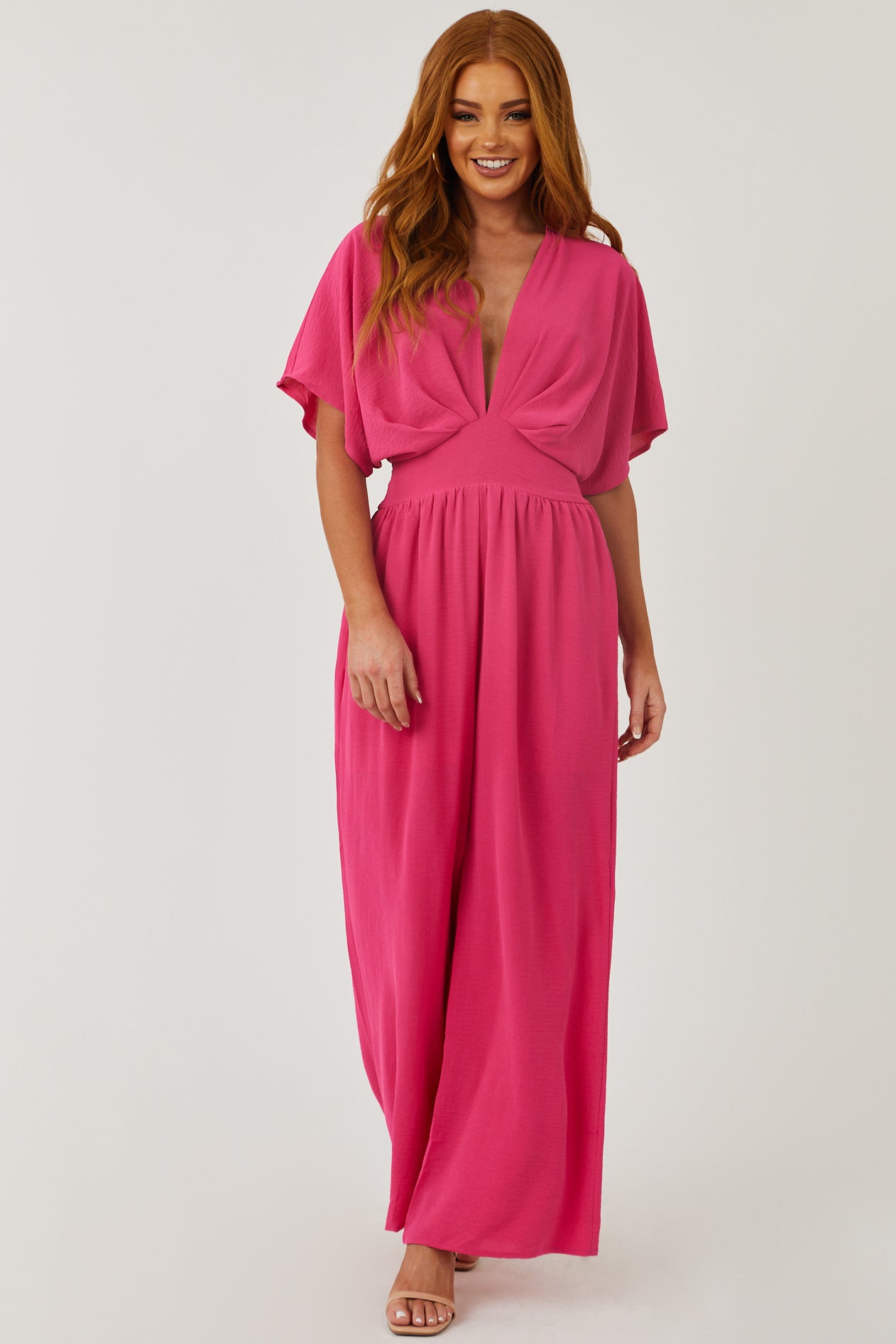 Hot Pink Plunging Neck Kimono Sleeve Woven Jumpsuit