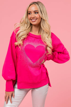 Hot Pink Rhinestone Heart French Terry Sweatshirt