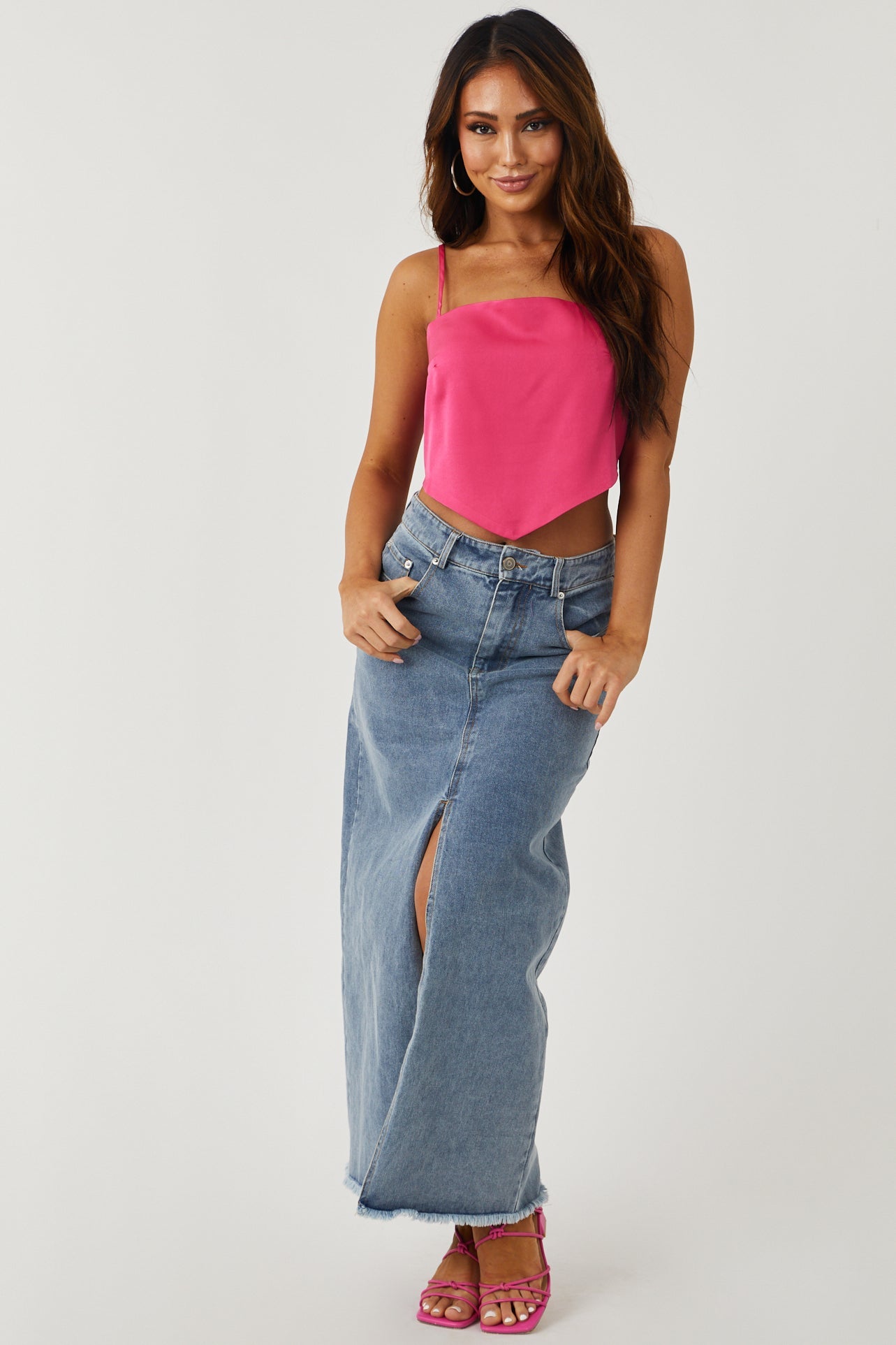 Hot Pink Satin Cropped Handkerchief Style Cami