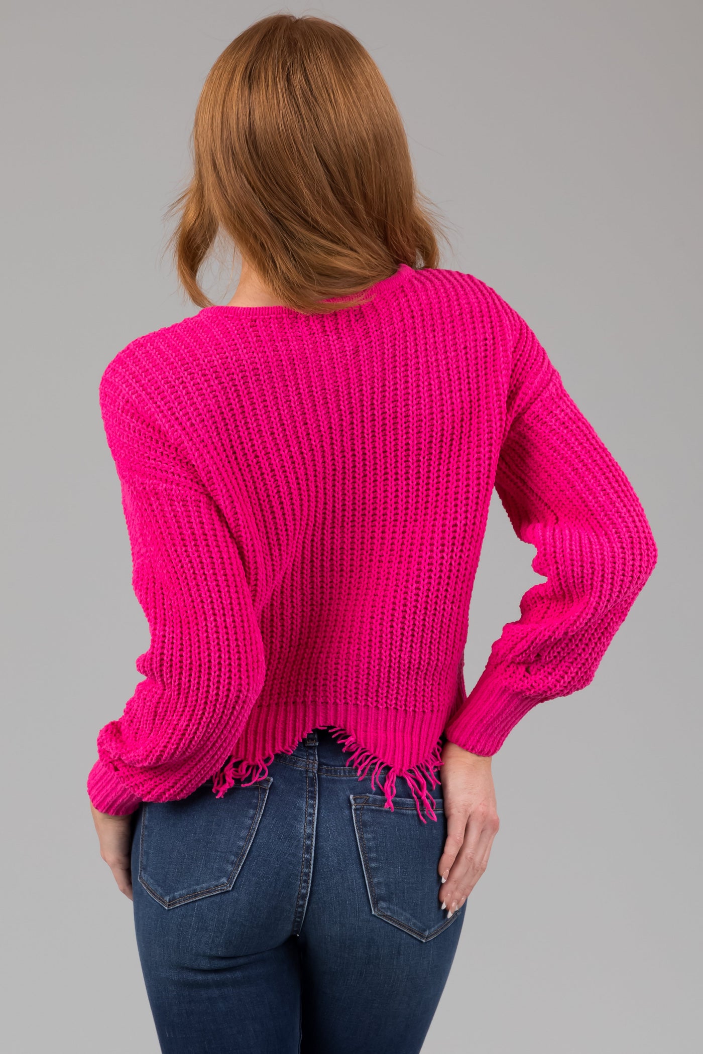 Hot Pink Scalloped Fringe Hem Chenille Sweater