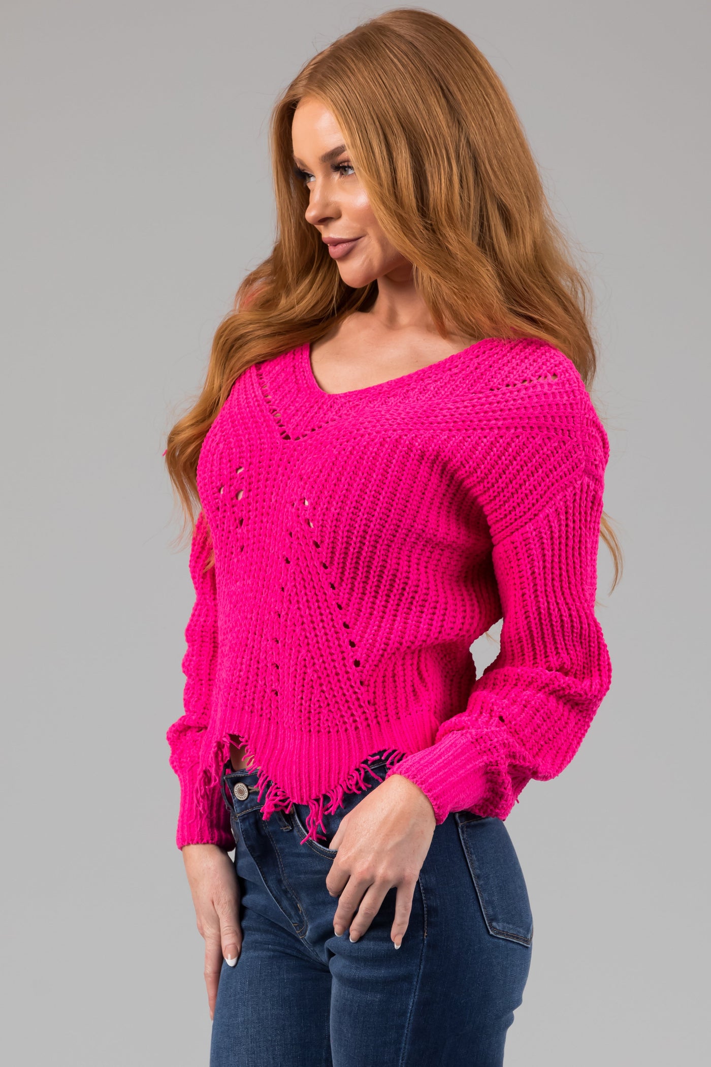 Hot Pink Scalloped Fringe Hem Chenille Sweater