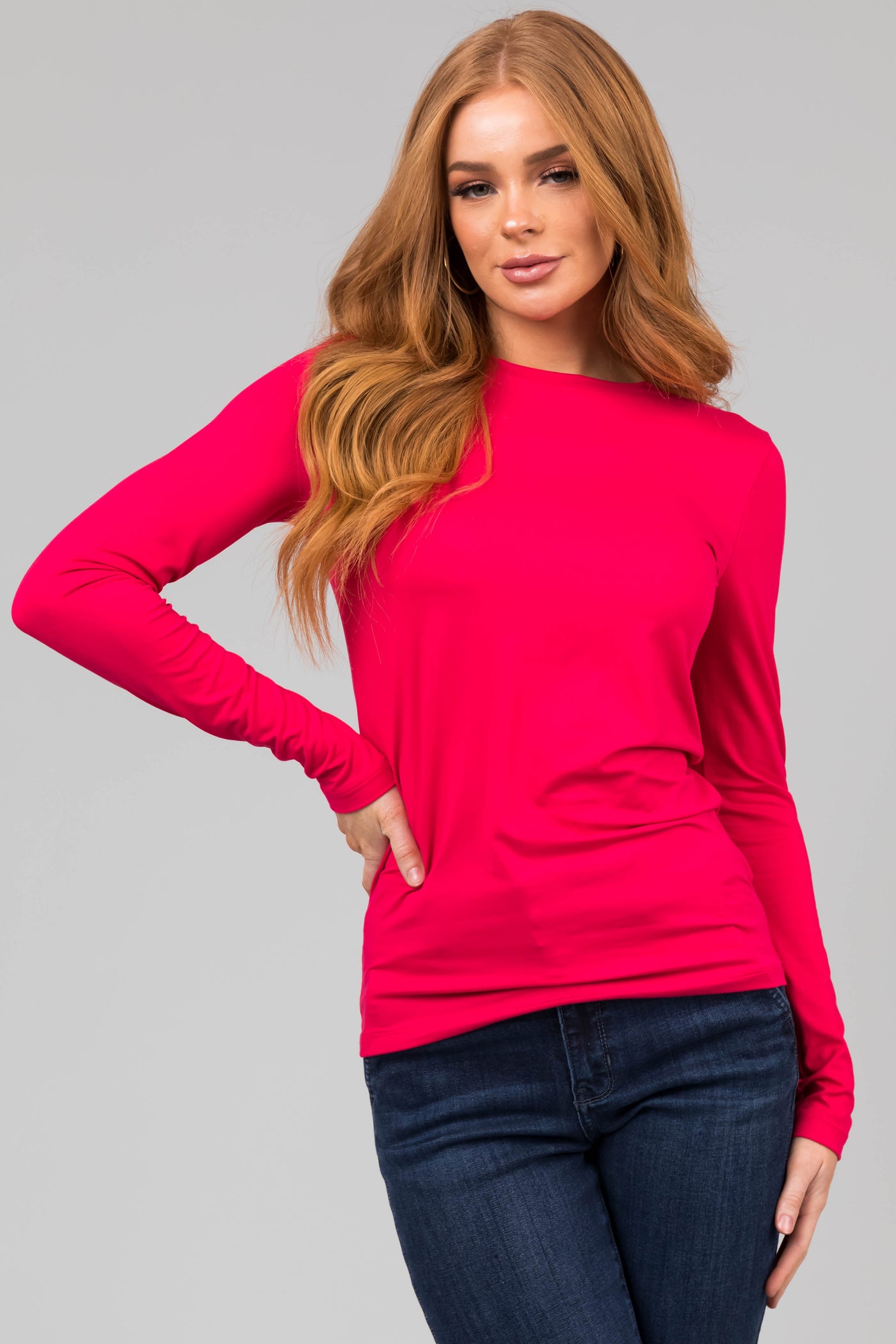 Hot Pink Super Soft Basic Long Sleeve Knit Top