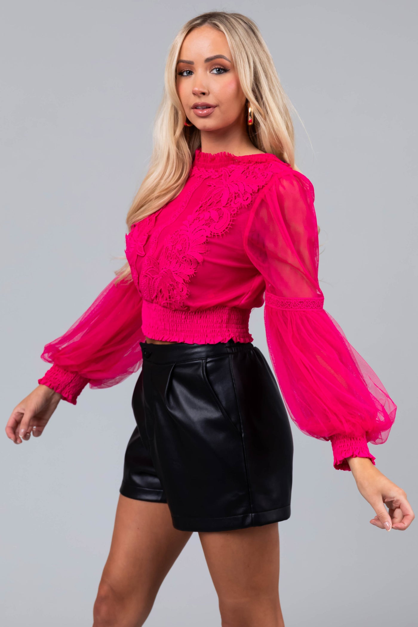 Hot Pink Tulle Puff Sleeve Crochet Lace Crop Top
