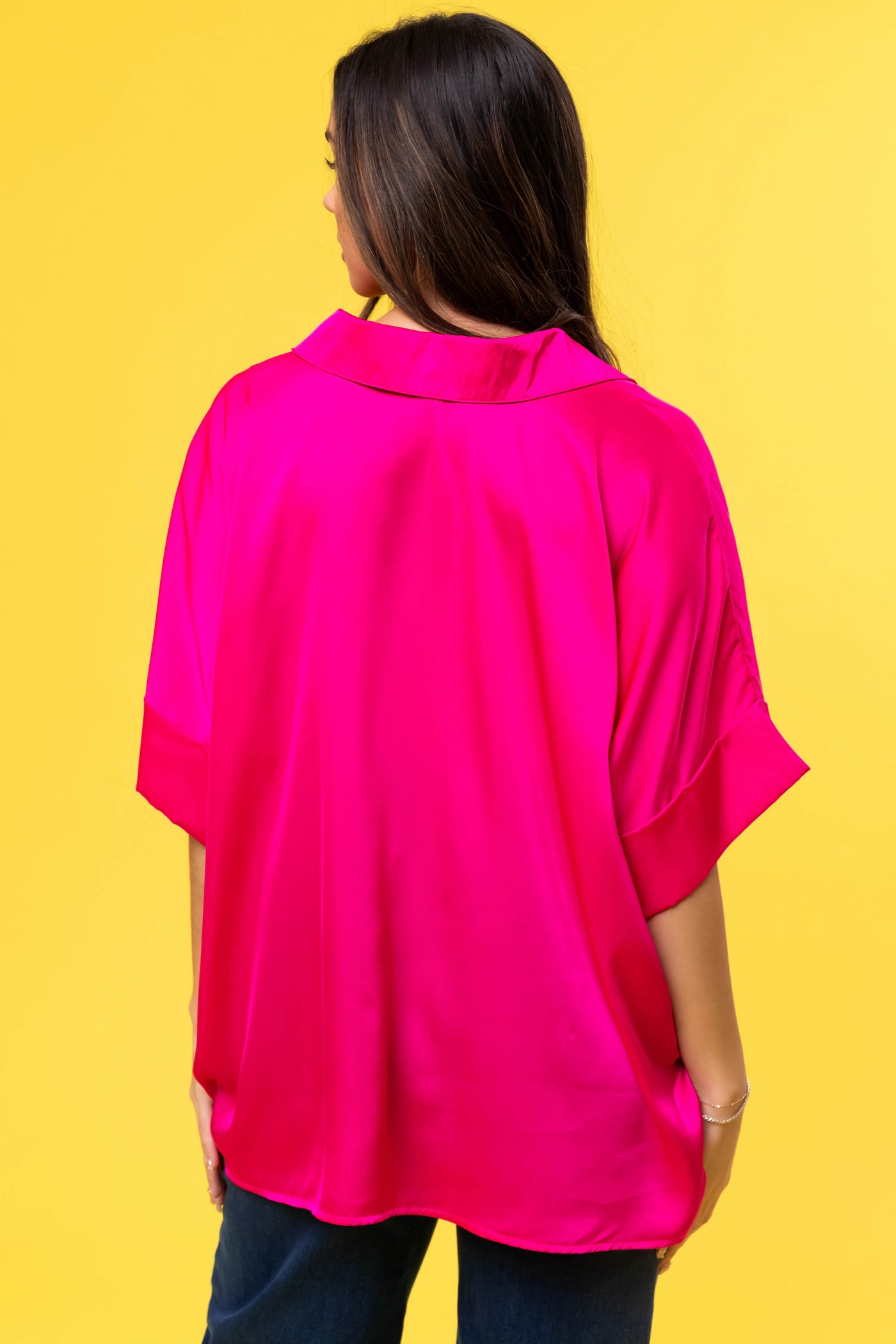 Hot Pink V Neck Collared Satin Blouse