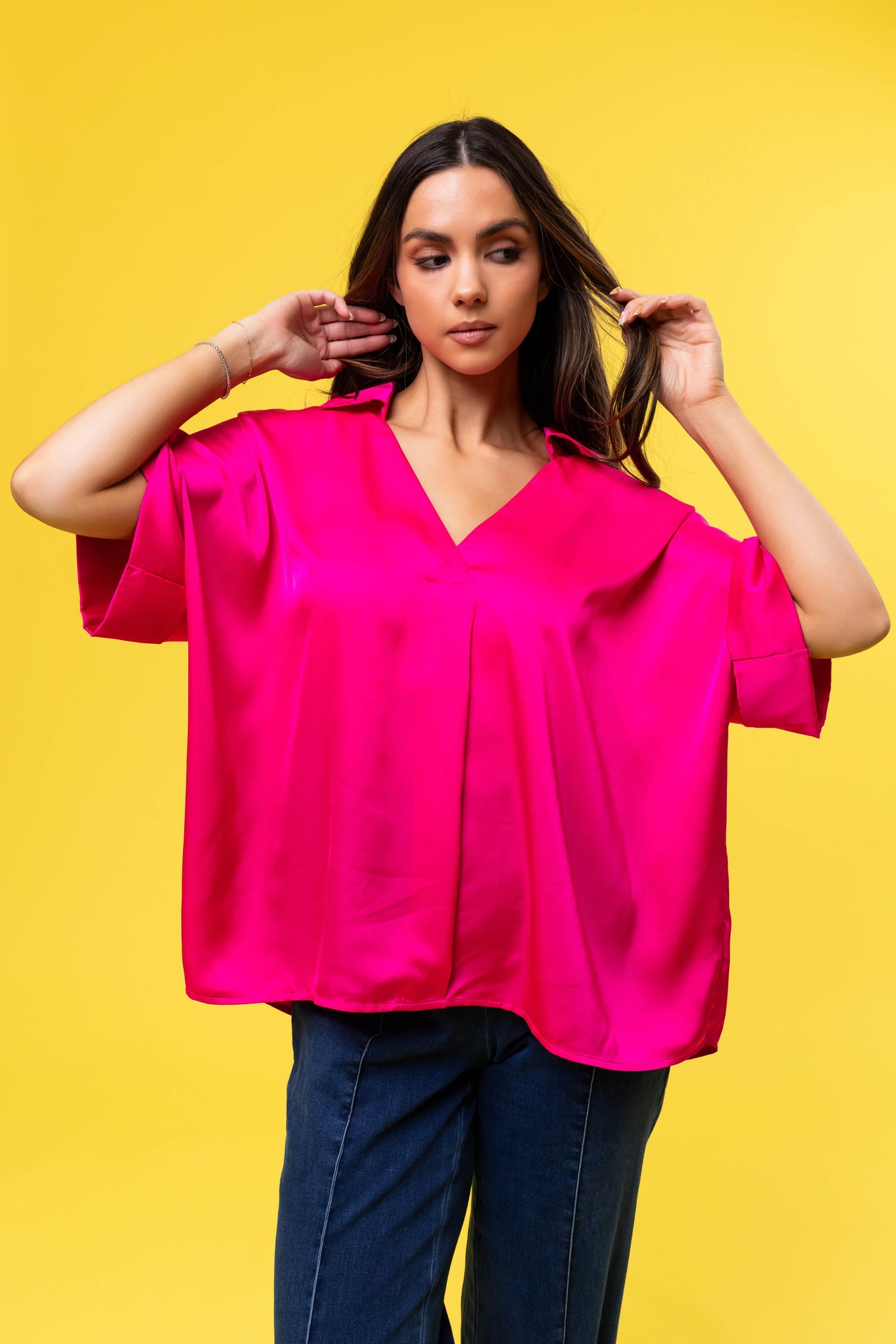Hot Pink V Neck Collared Satin Blouse
