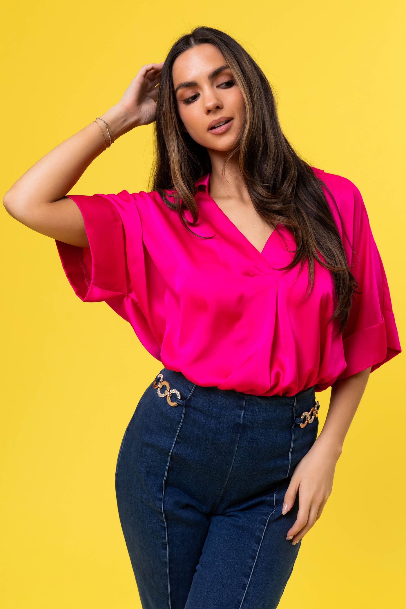 Hot Pink V Neck Collared Satin Blouse