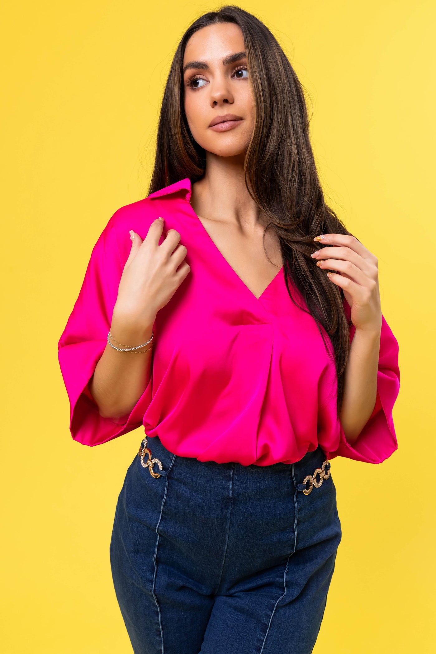 Hot Pink V Neck Collared Satin Blouse