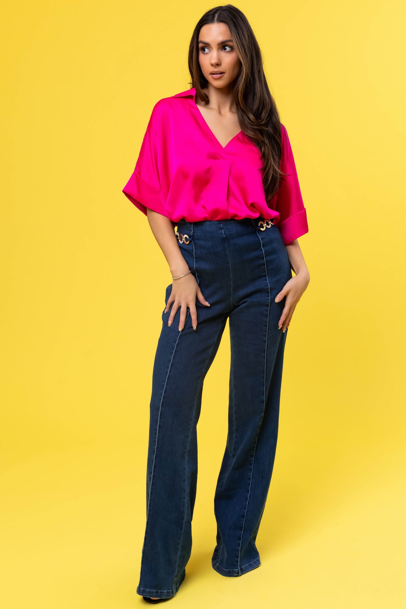 Hot Pink V Neck Collared Satin Blouse