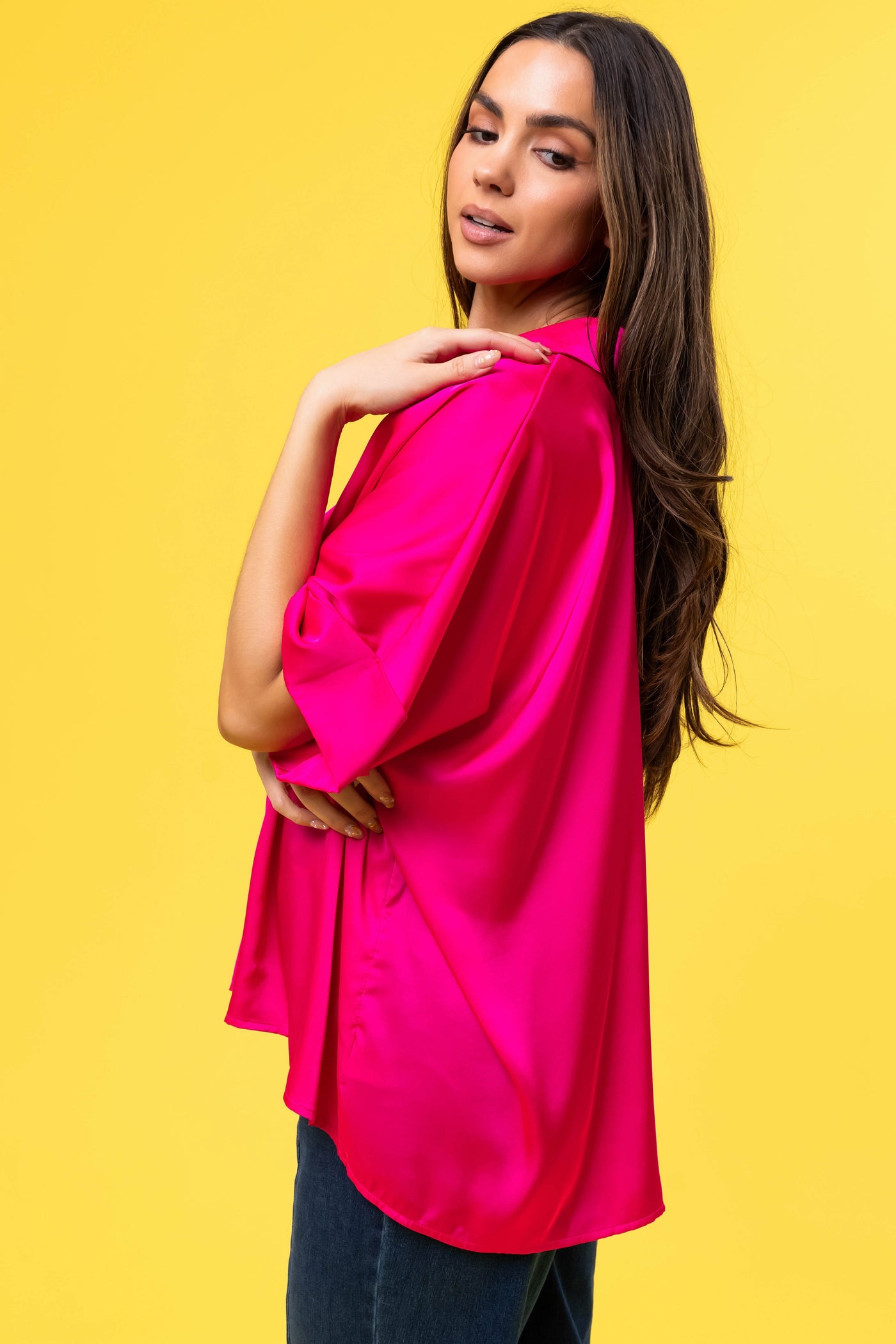 Hot Pink V Neck Collared Satin Blouse