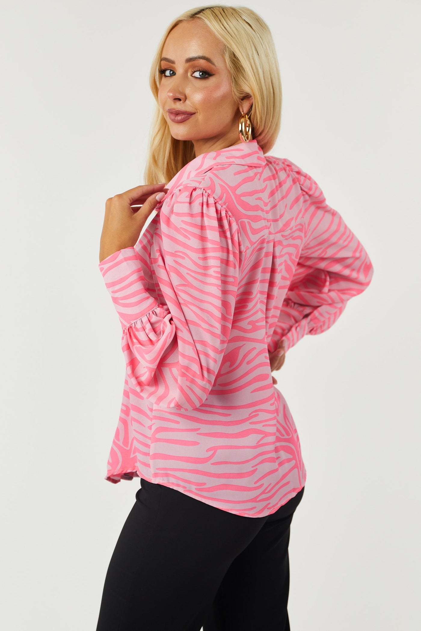 Hot Pink Zebra Print Long Sleeve Button Up Top