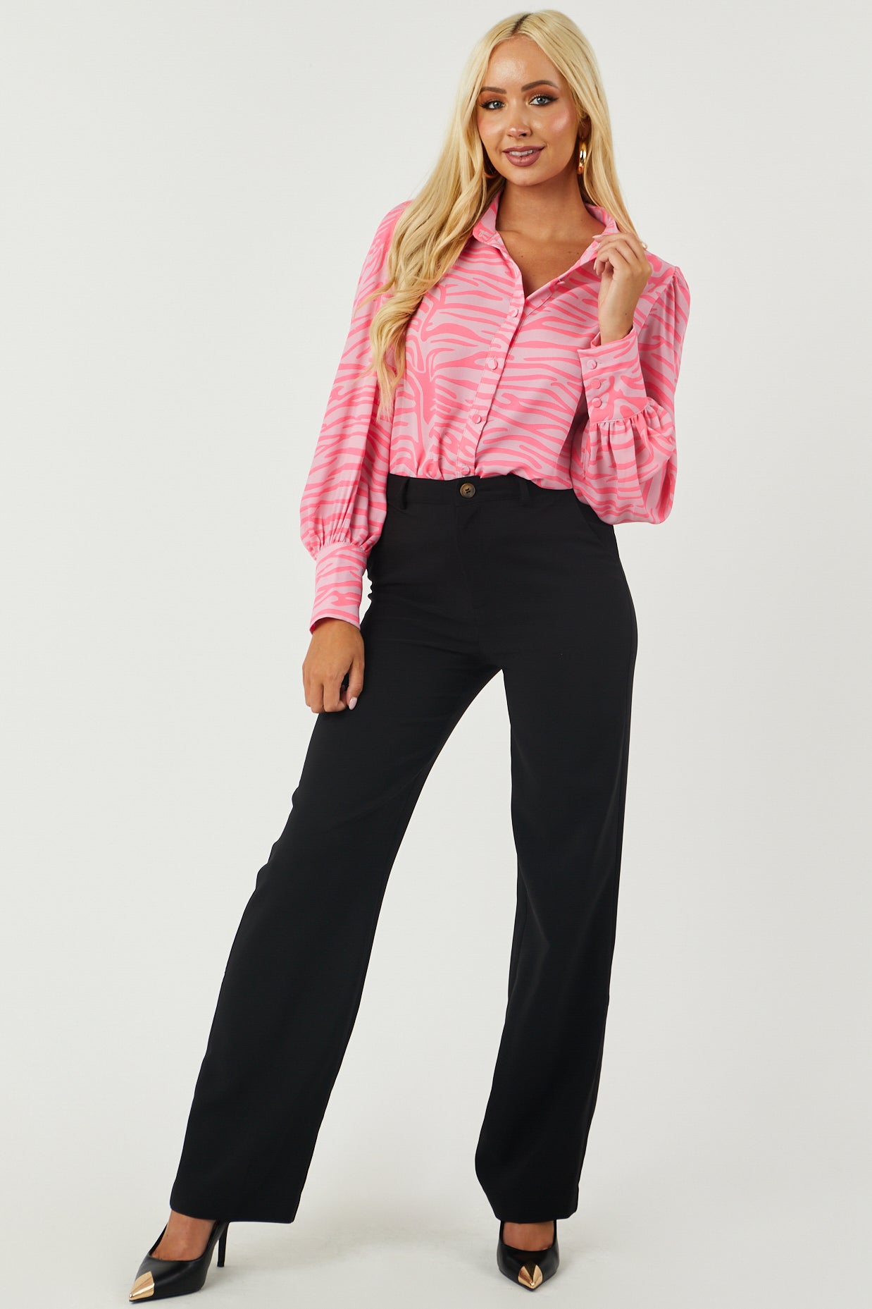 Hot Pink Zebra Print Long Sleeve Button Up Top