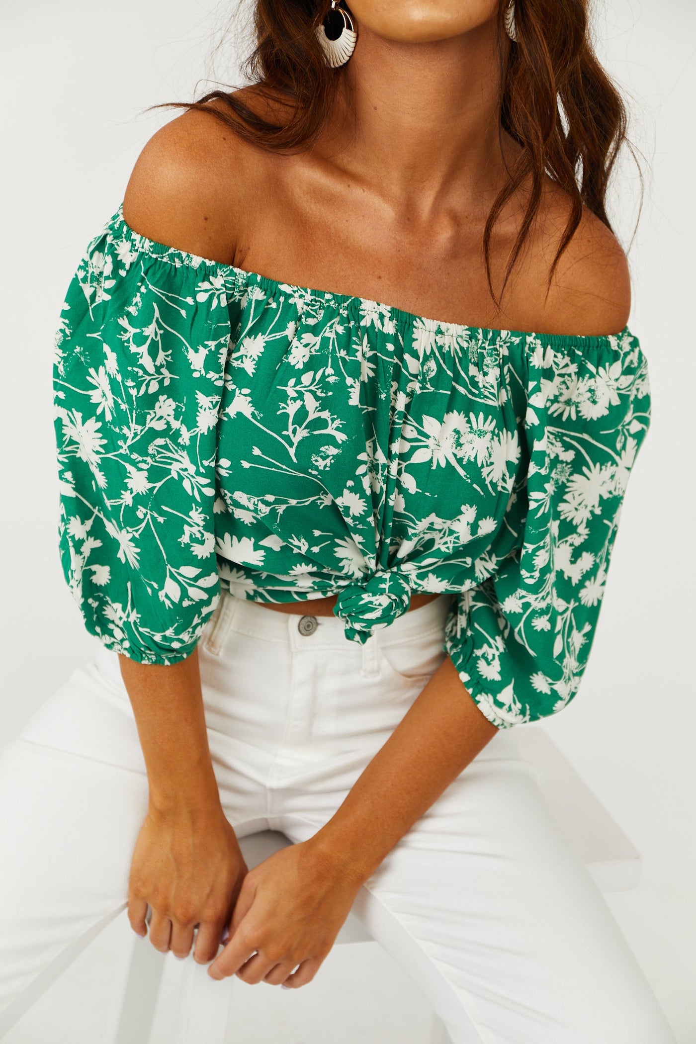 Hunter Green Off Shoulder Floral Print Top