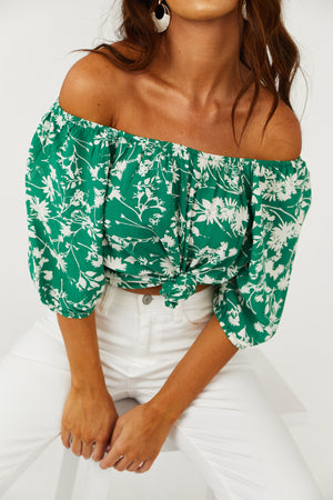 Hunter Green Off Shoulder Floral Print Top