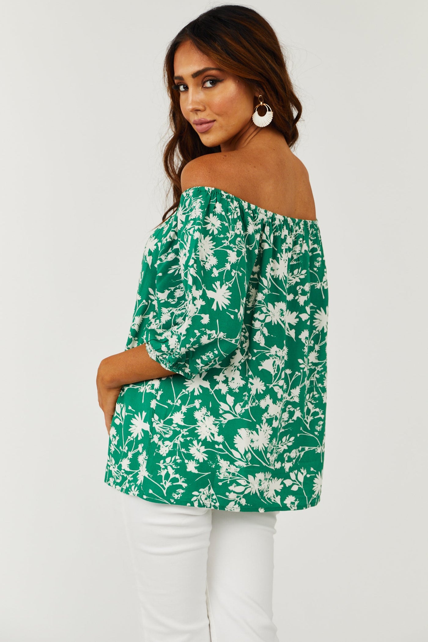 Hunter Green Off Shoulder Floral Print Top