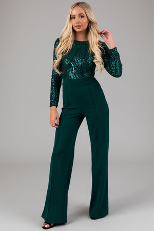 Hunter Green Sequin Long Sleeve Jumpsuit