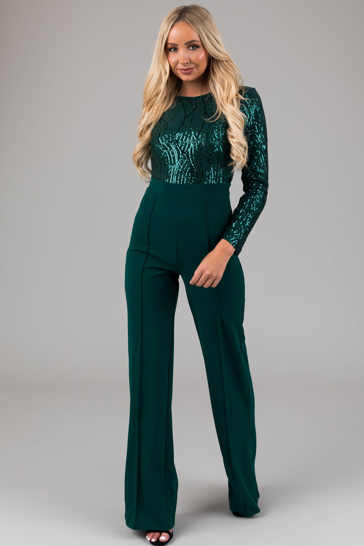 Hunter Green Sequin Long Sleeve Jumpsuit