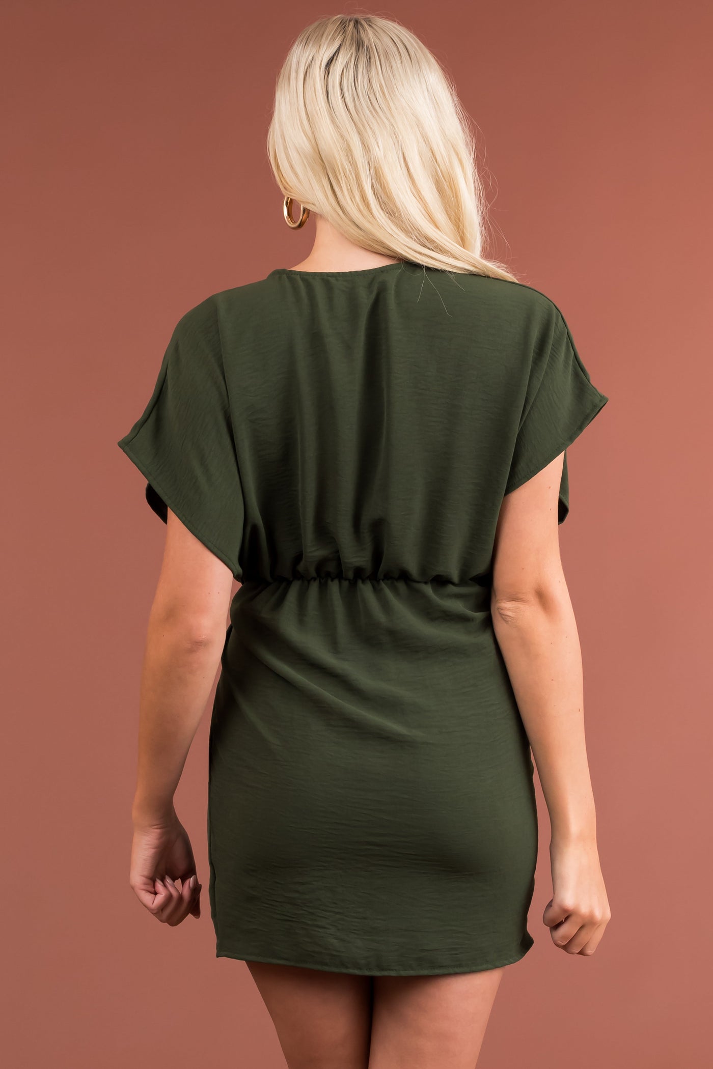 Hunter Green Short Wrap Dress with Ruching
