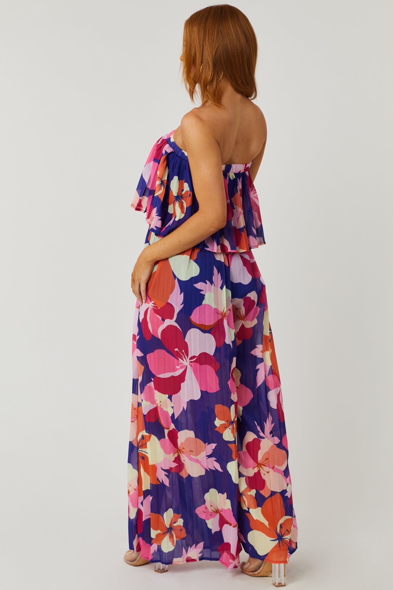 Indigo Floral Print Strapless Pleated Jumpsuit