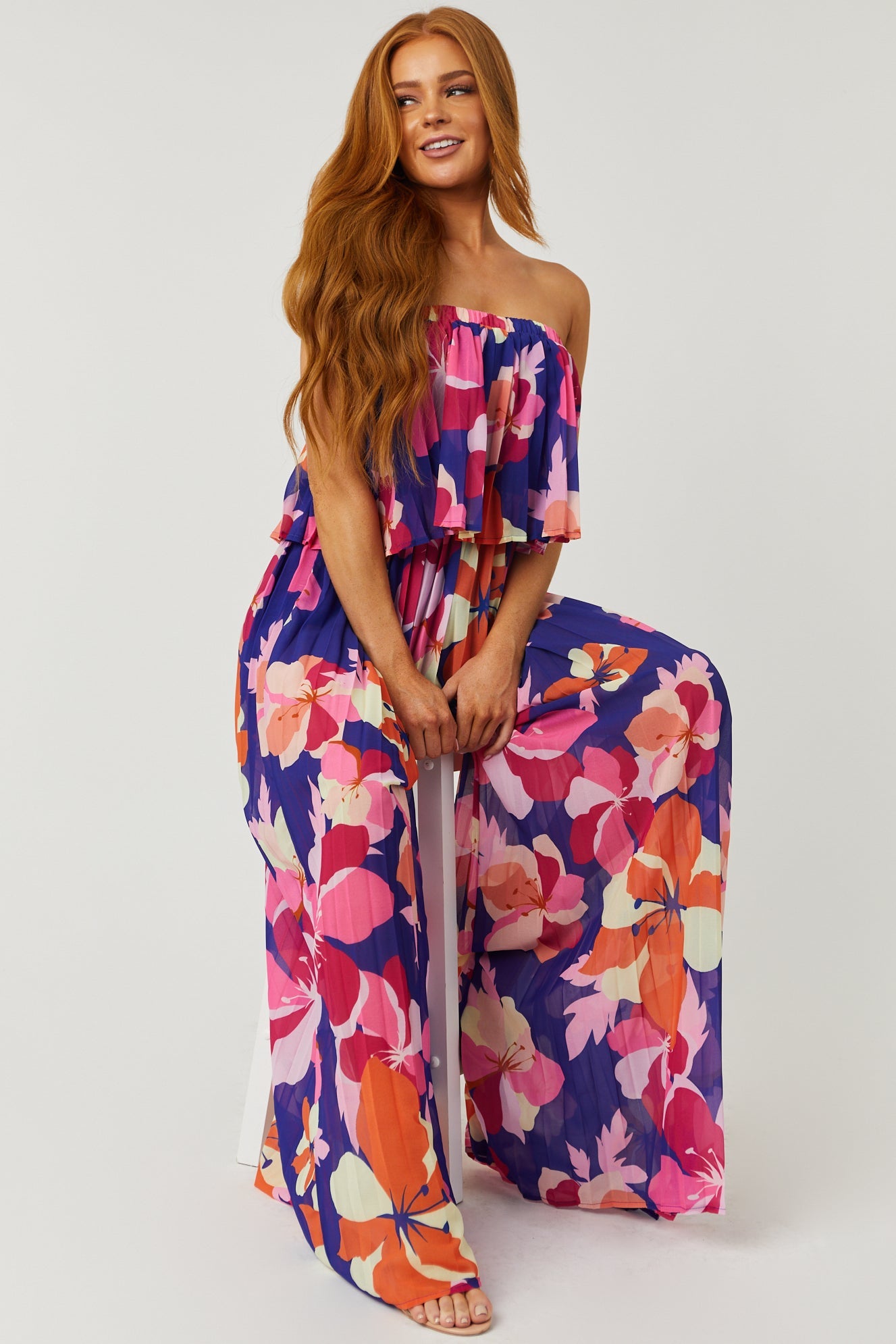 Indigo Floral Print Strapless Pleated Jumpsuit