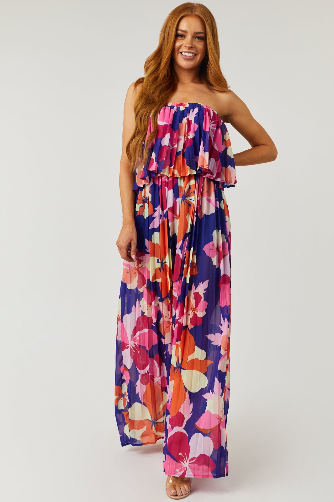 Indigo Floral Print Strapless Pleated Jumpsuit