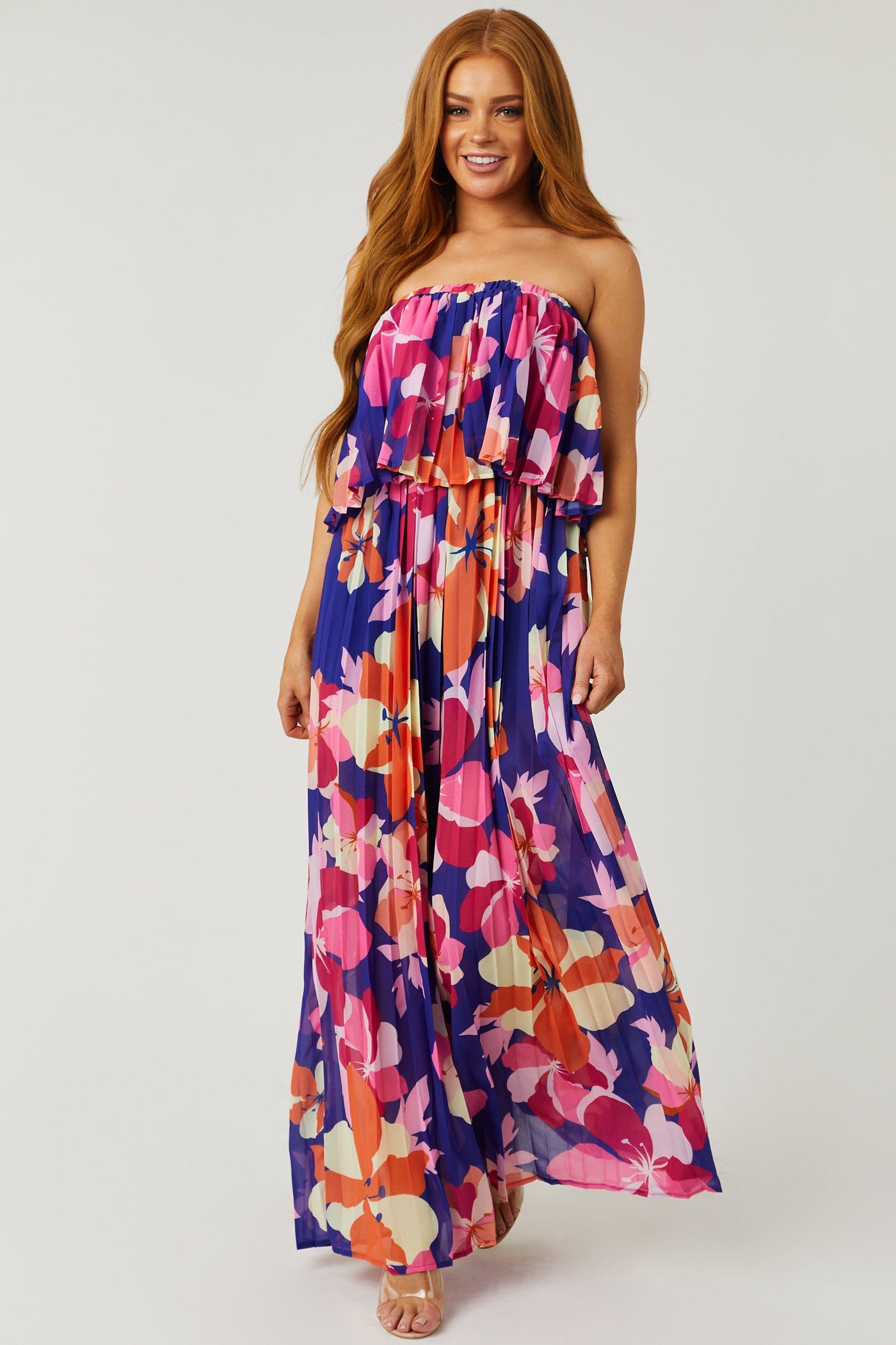 Indigo Floral Print Strapless Pleated Jumpsuit