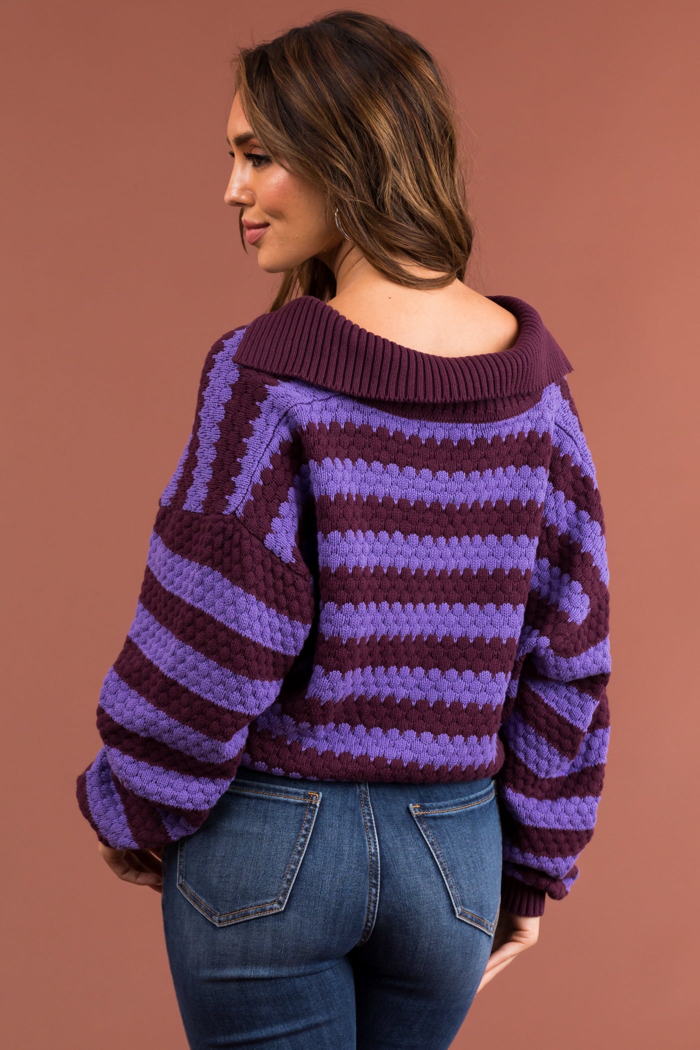 Iris and Eggplant Striped Collared Sweater