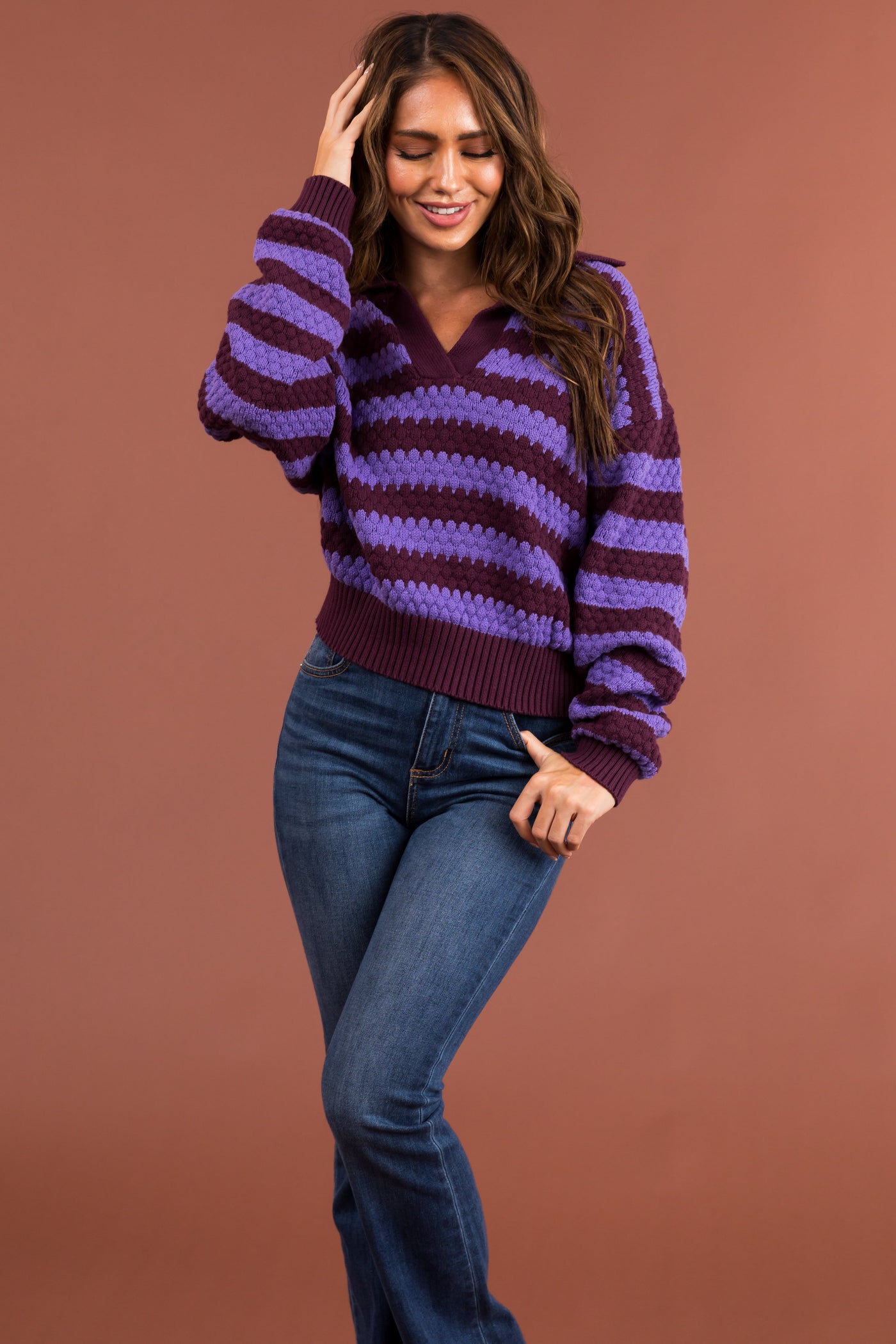 Iris and Eggplant Striped Collared Sweater