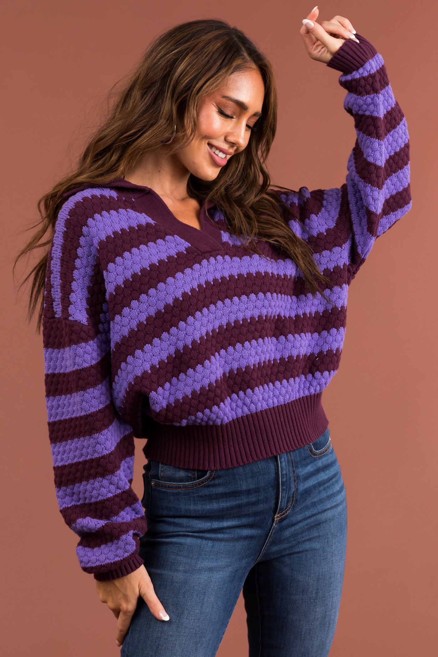Iris and Eggplant Striped Collared Sweater