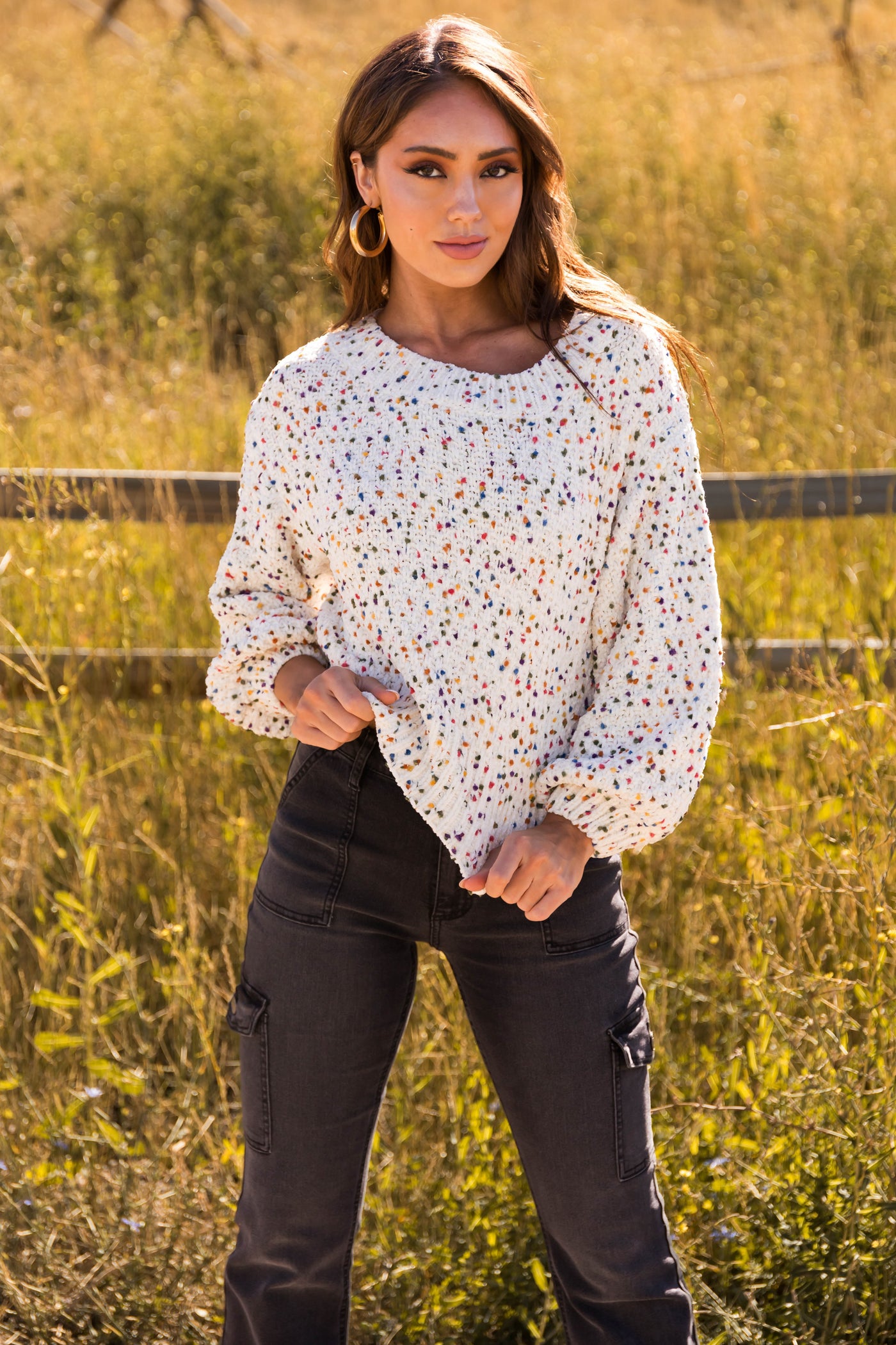 Ivory Confetti Knit Cropped Chenille Sweater