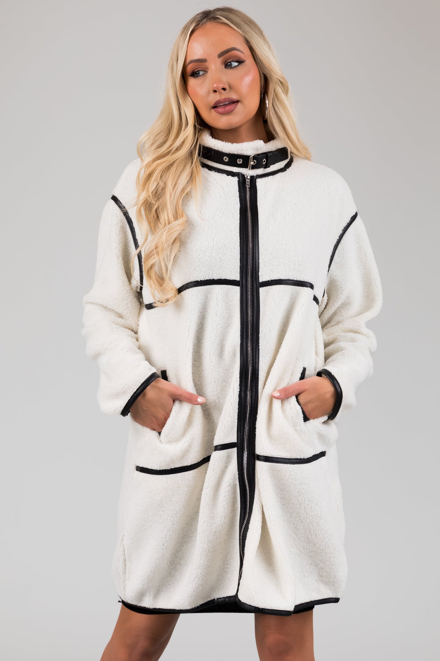 Ivory Faux Sherpa Trim Detail Collared Jacket