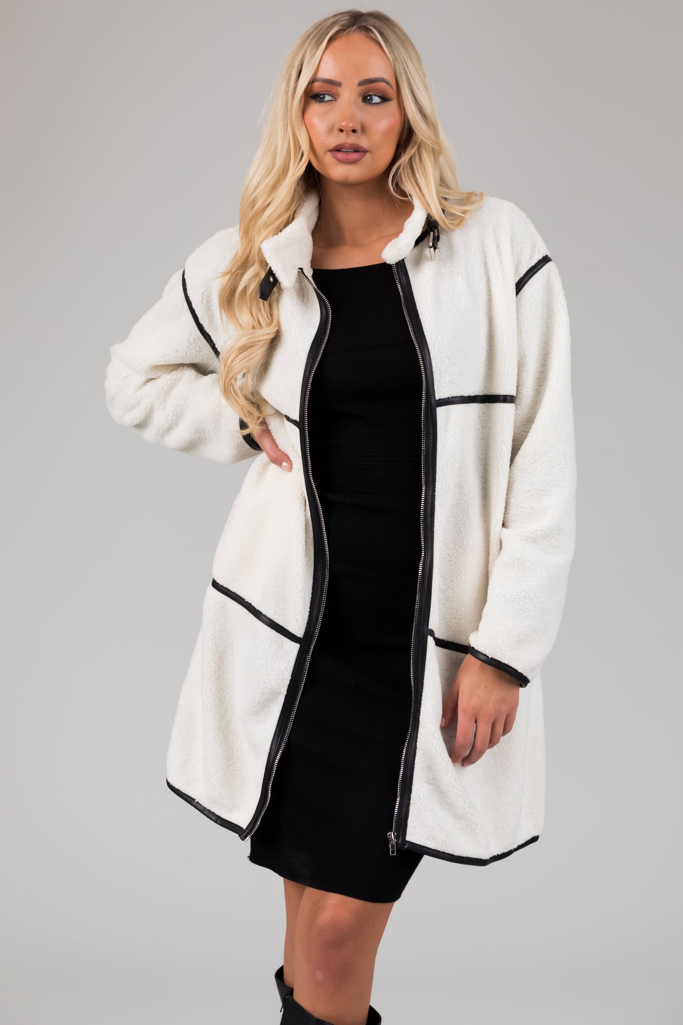 Ivory Faux Sherpa Trim Detail Collared Jacket