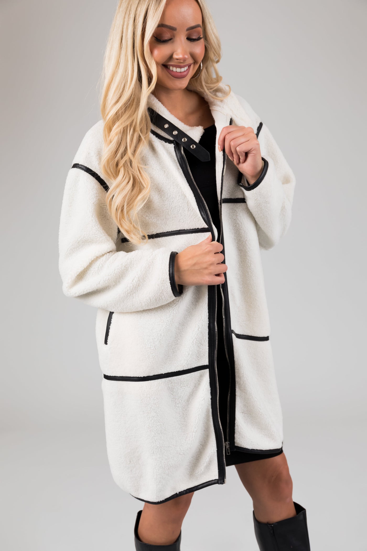 Ivory Faux Sherpa Trim Detail Collared Jacket