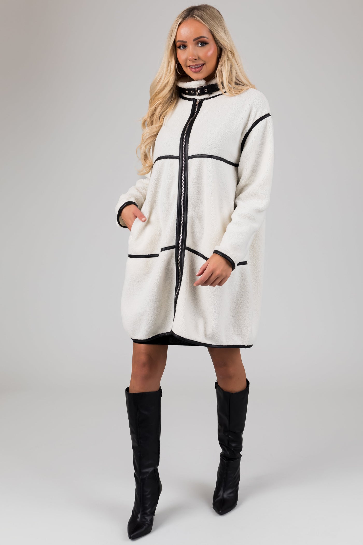 Ivory Faux Sherpa Trim Detail Collared Jacket