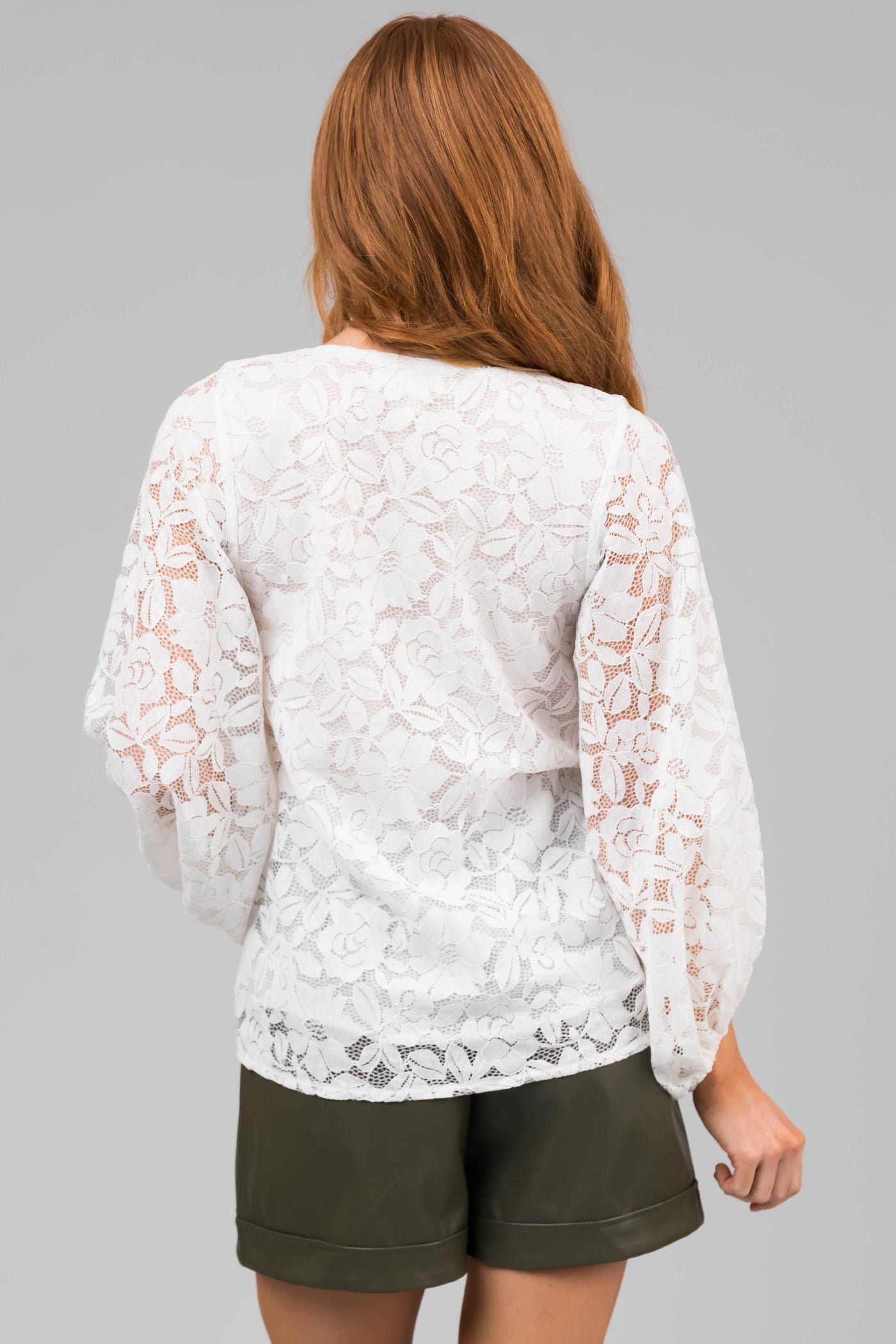Ivory Floral Lace Long Bubble Sleeve Blouse