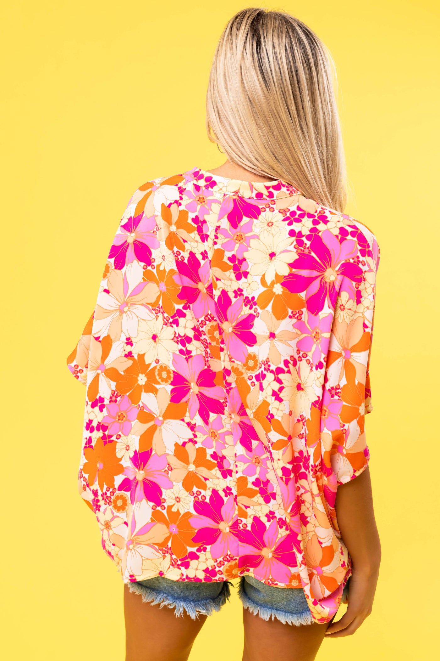 Ivory Floral Print V Neck Half Sleeve Top