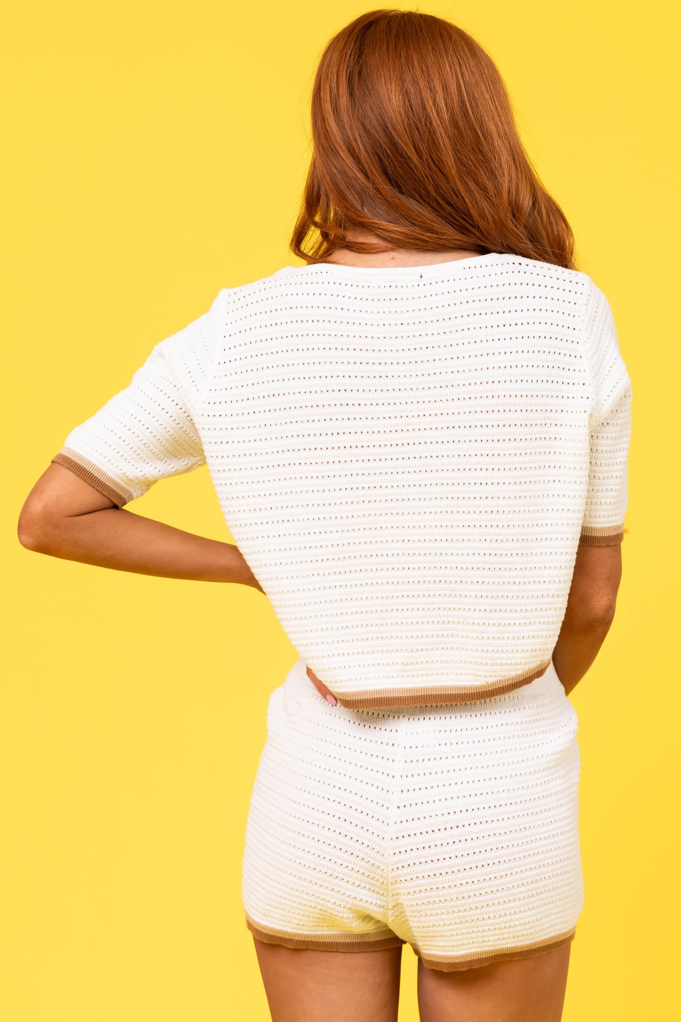 Ivory Half Sleeve Cropped Sepia Trim Sweater