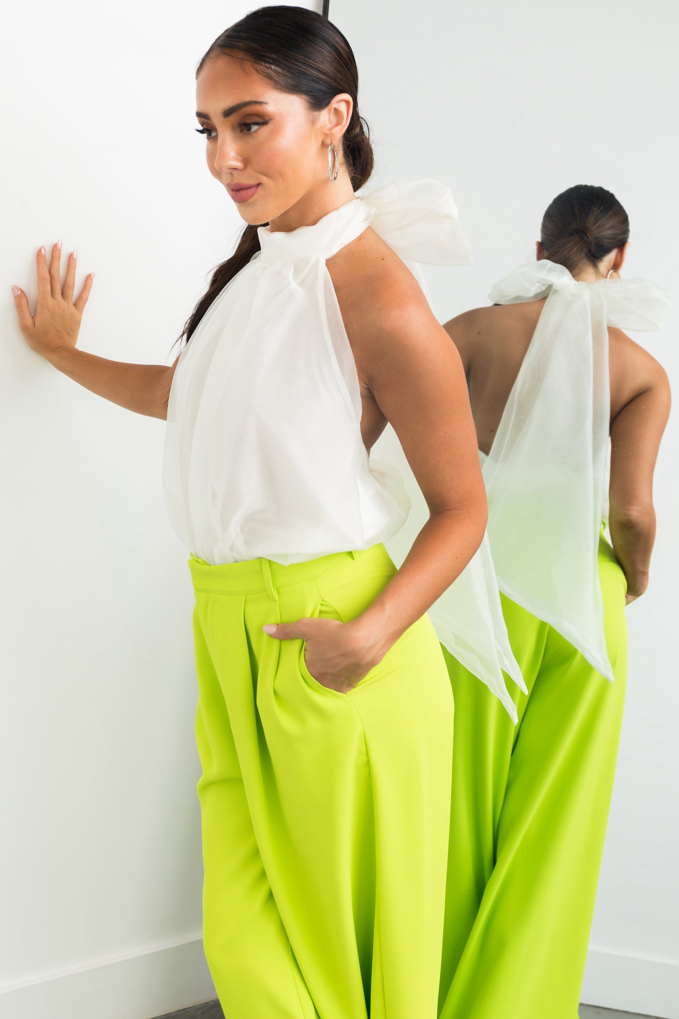 Ivory Halter Bow Tie Organza Fabric Bodysuit