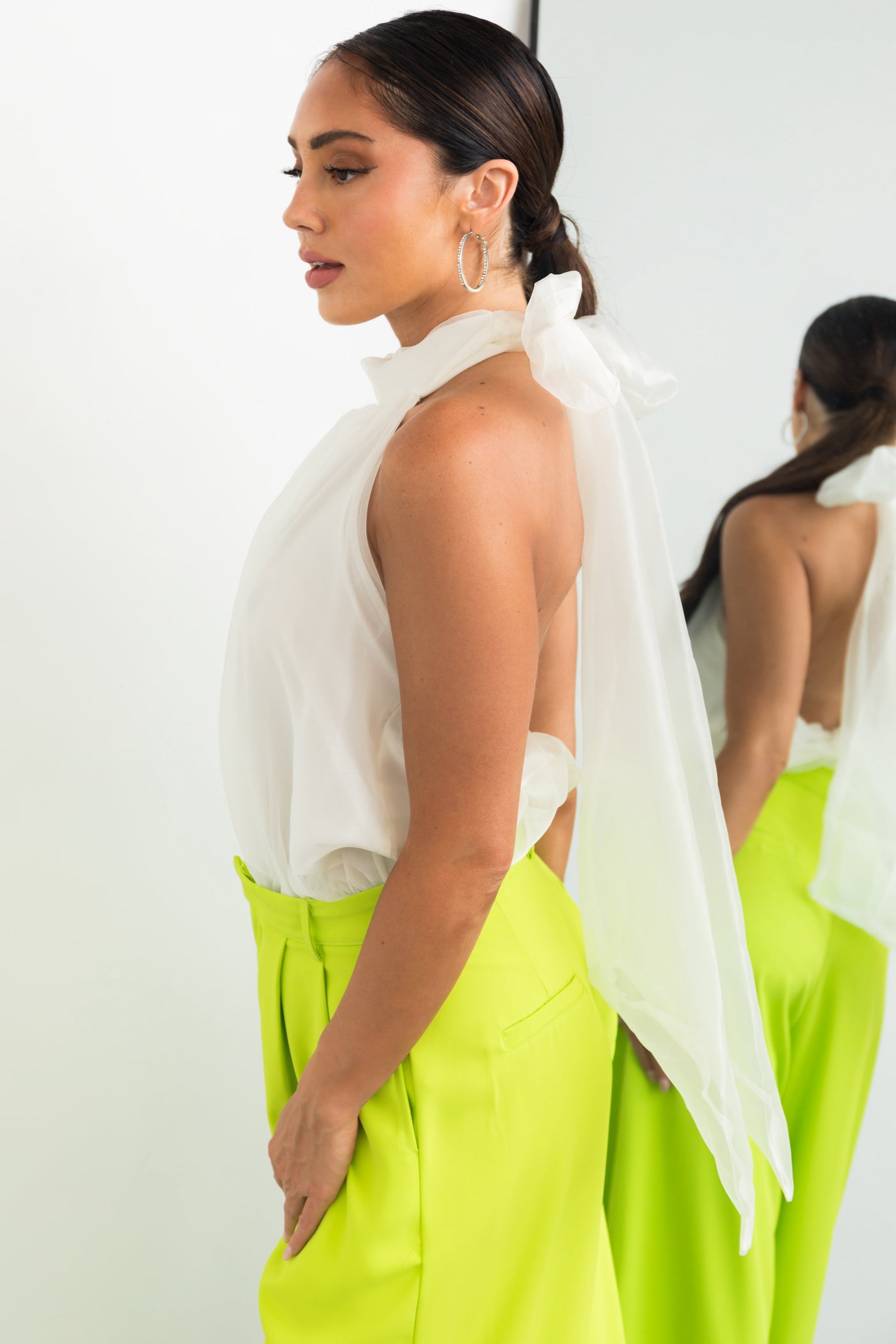 Ivory Halter Bow Tie Organza Fabric Bodysuit