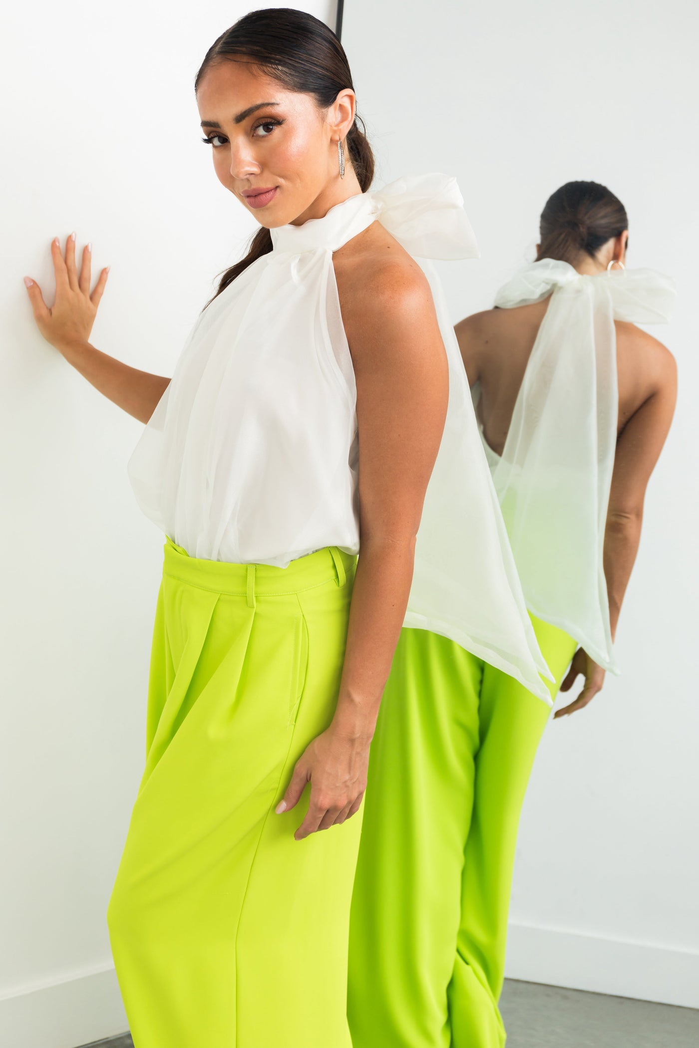 Ivory Halter Bow Tie Organza Fabric Bodysuit