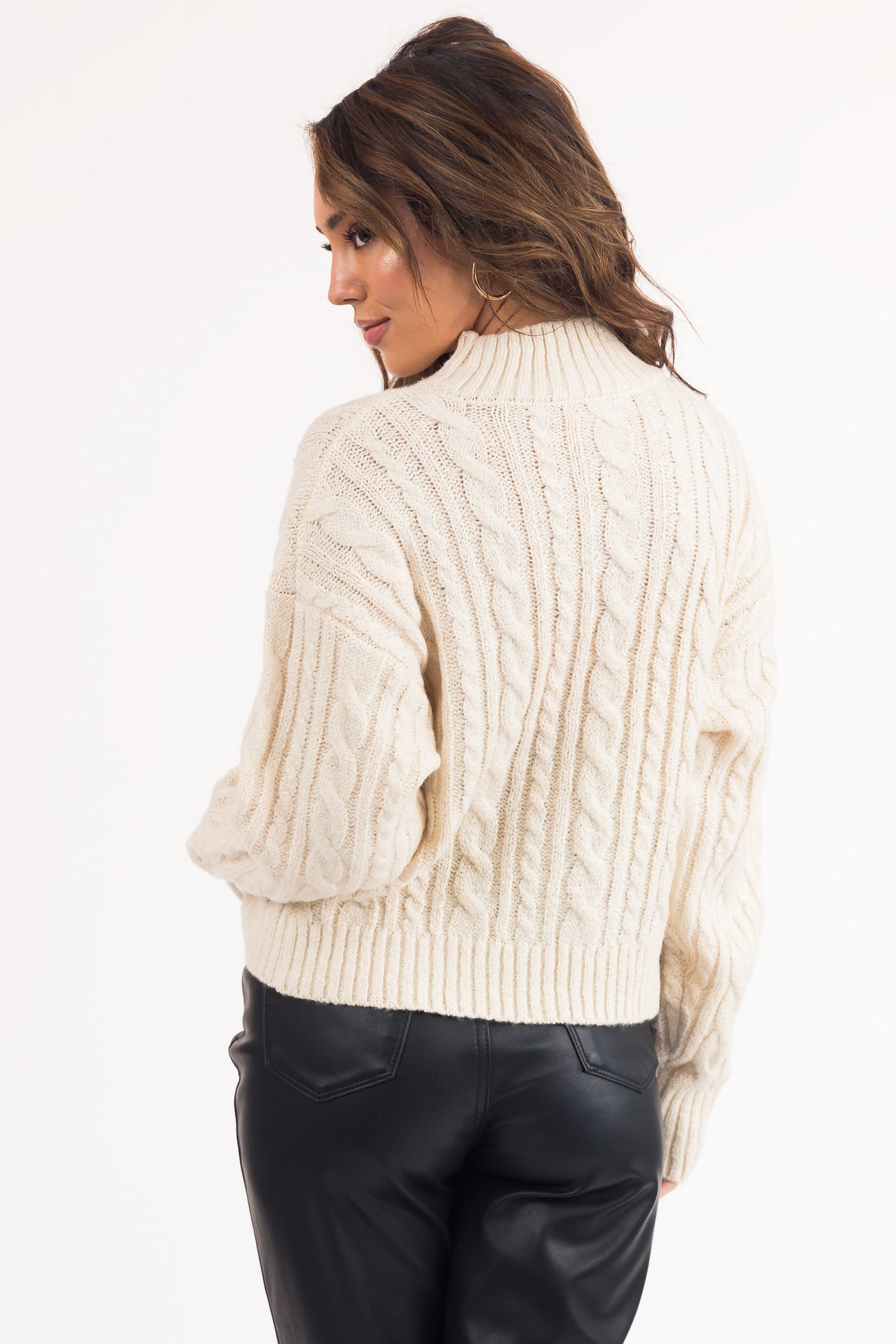 Ivory High Neck Cable Knit Sweater
