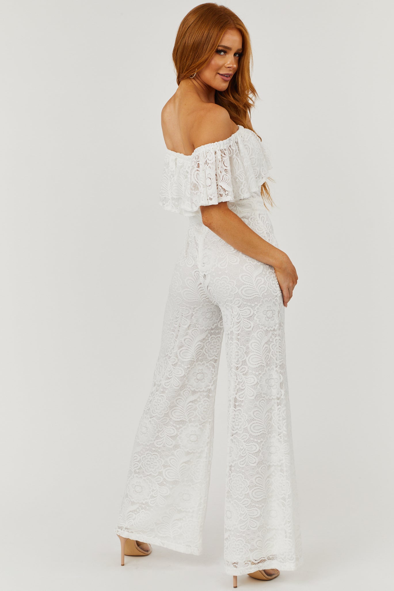 Flying Tomato Ivory Lace Off the Shoulder Wide Leg Jumpsuit