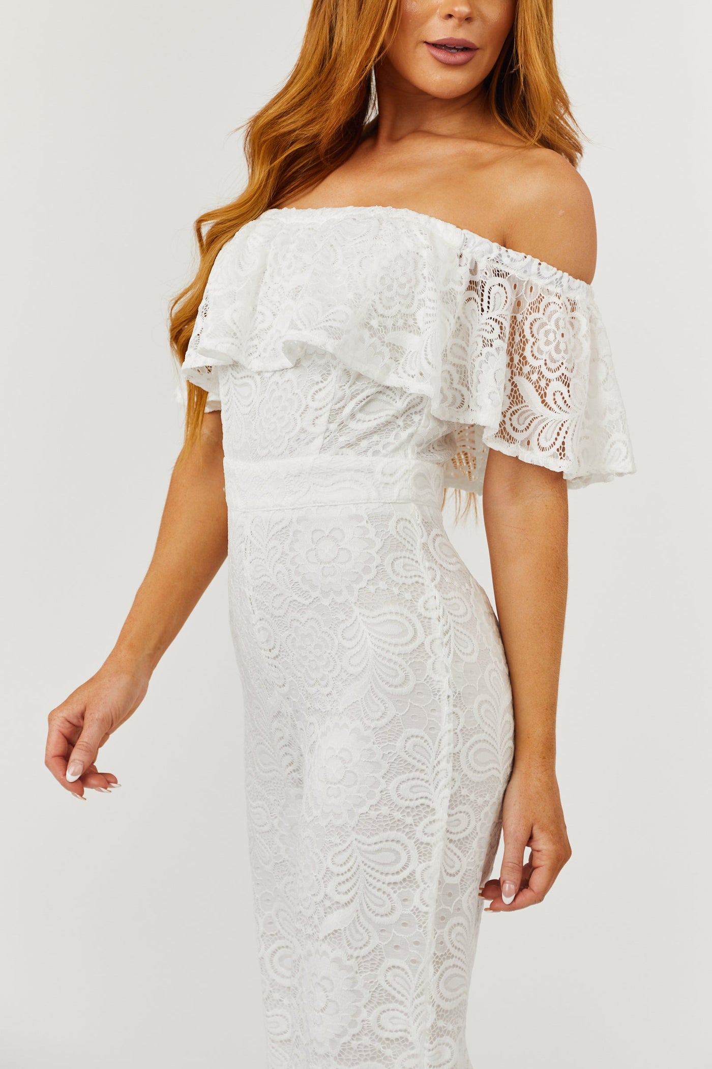 Flying Tomato Ivory Lace Off the Shoulder Wide Leg Jumpsuit