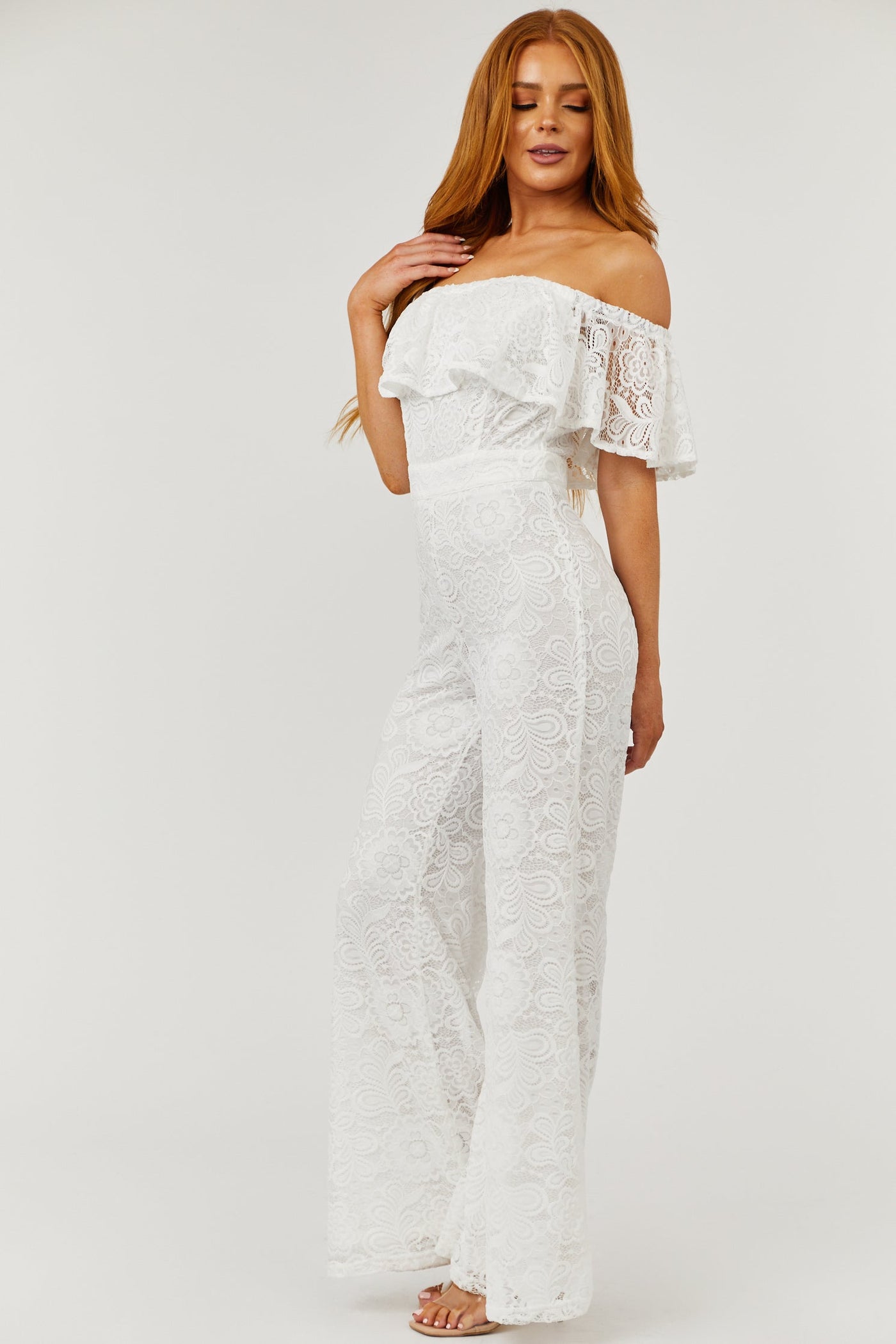 Flying Tomato Ivory Lace Off the Shoulder Wide Leg Jumpsuit
