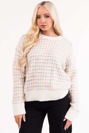 Ivory Multicolored Long Sleeve Knit Sweater