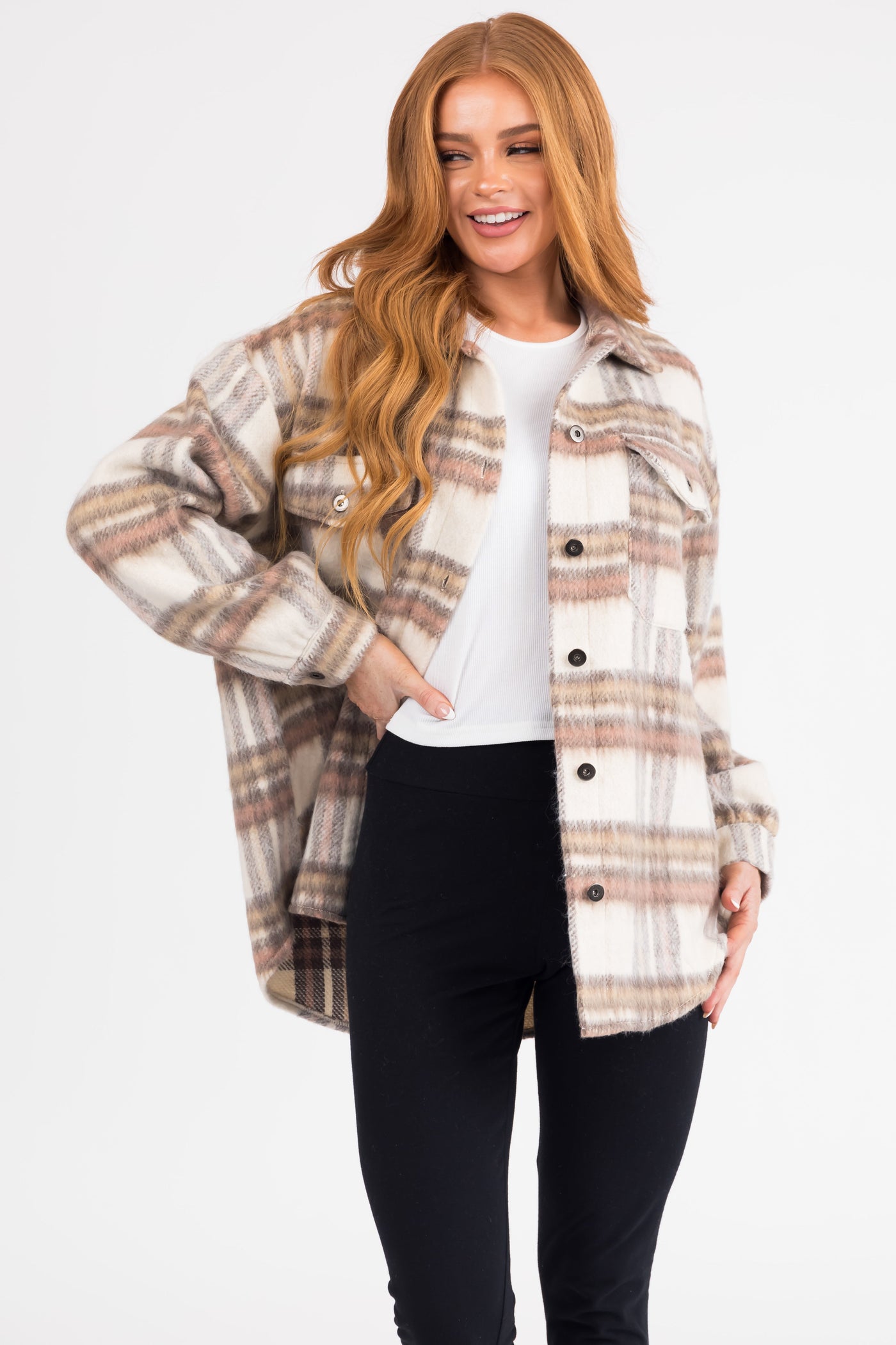 Ivory Plaid Long Sleeve Button Down Shacket