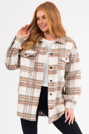 Ivory Plaid Long Sleeve Button Down Shacket