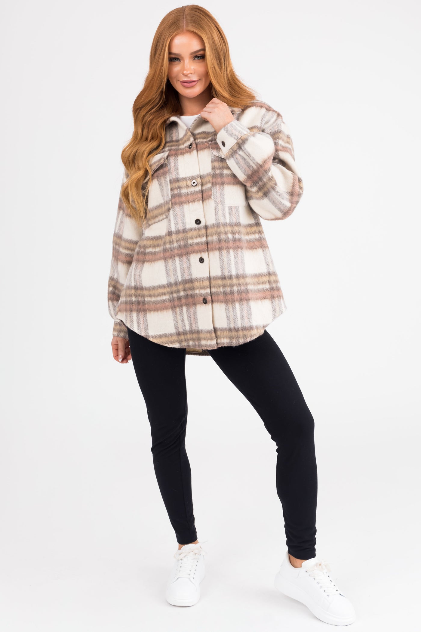 Ivory Plaid Long Sleeve Button Down Shacket