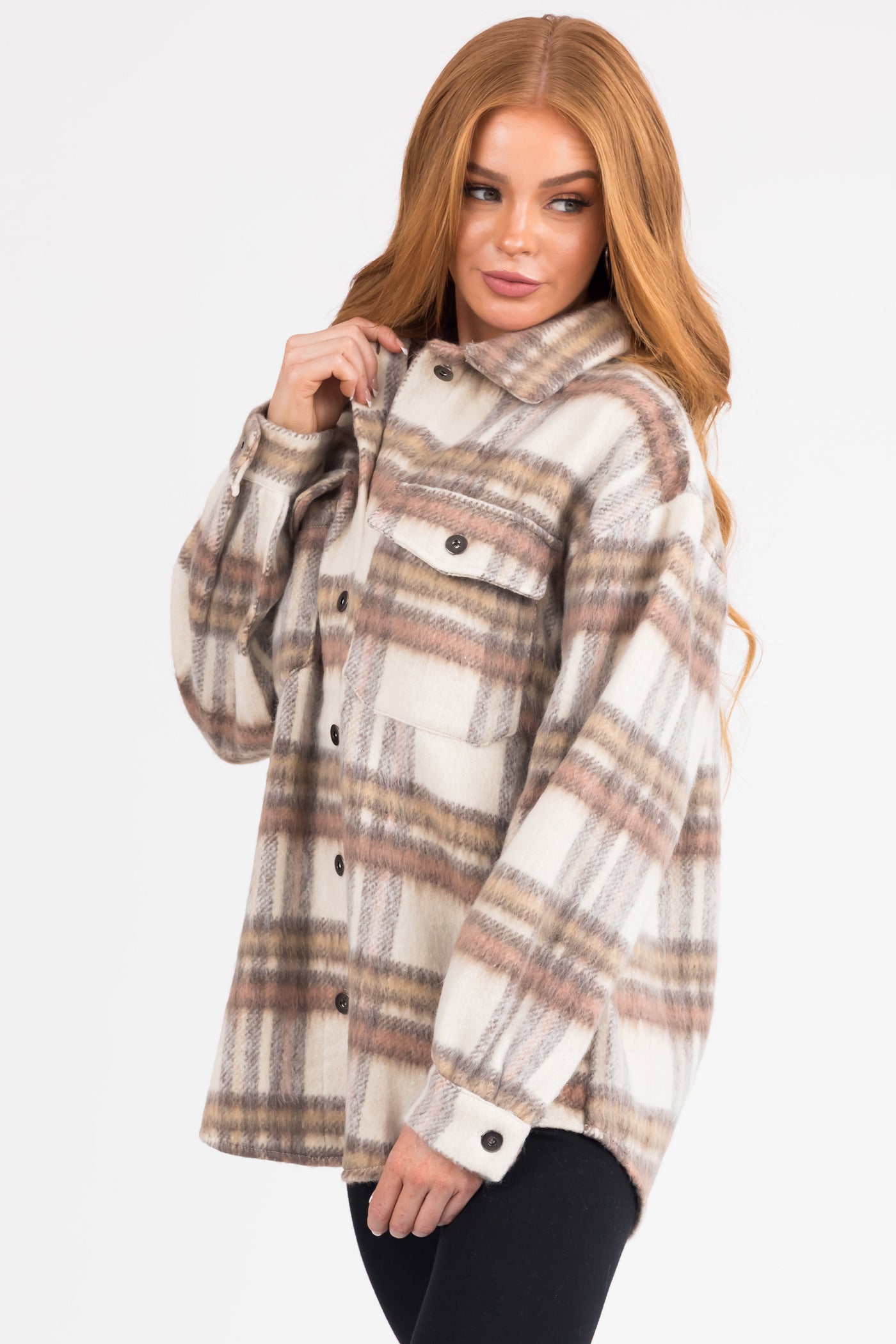 Ivory Plaid Long Sleeve Button Down Shacket