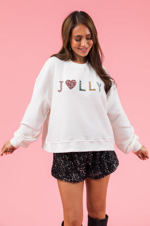 Ivory Rhinestone "Jolly" Long Sleeve Sweatshirt